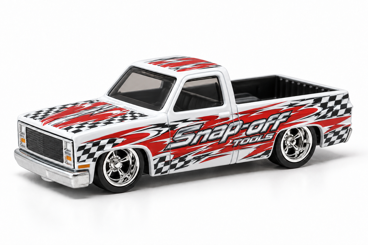 Snap-Off Tools decal application mockup on the regular Hot Wheels ’83 Chevy Silverado single-cab short-bed casting.