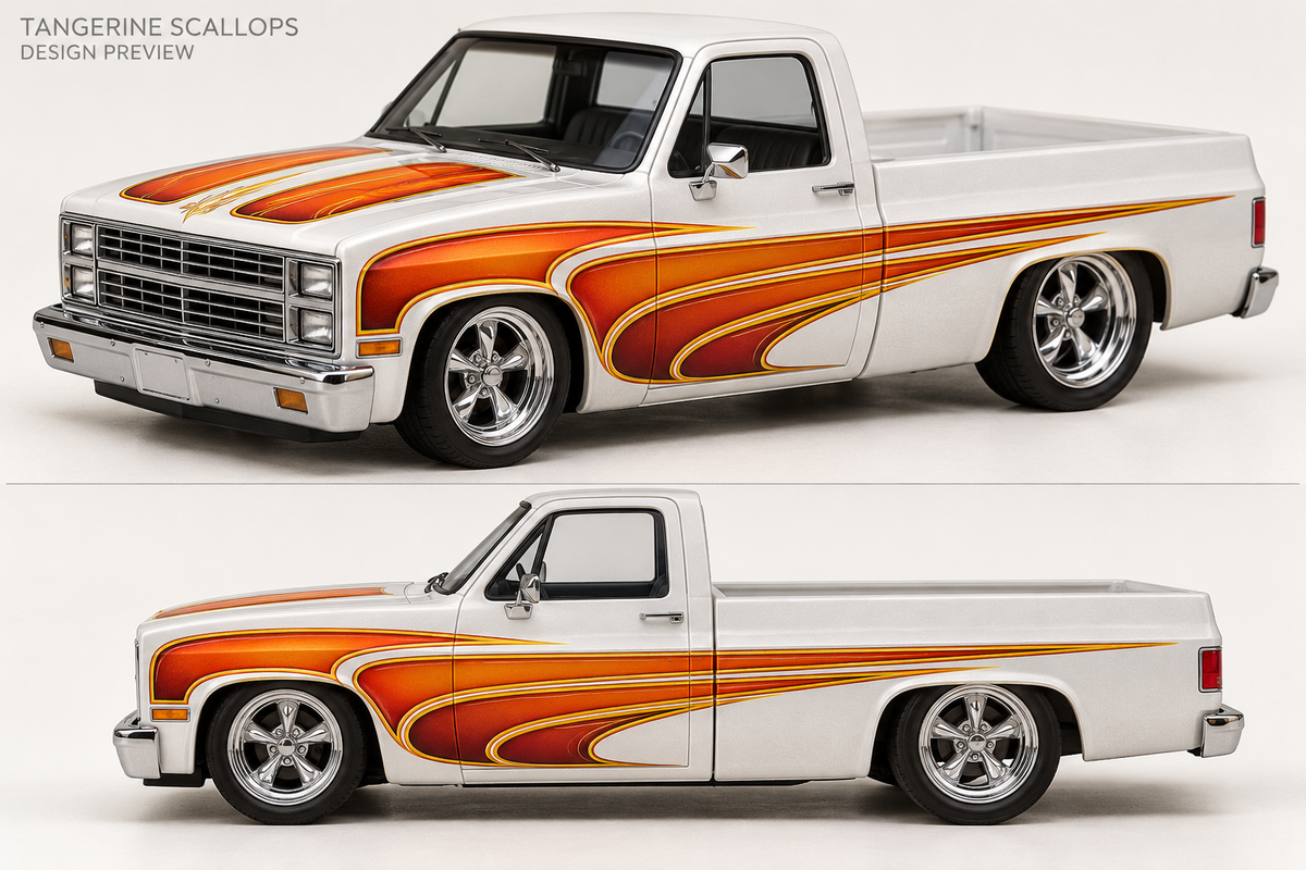 Tangerine Scallops orange and gold hot rod decal design mockup on a white 83 Silverado