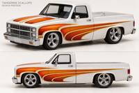 Tangerine Scallops orange and gold hot rod decal design mockup on a white 83 Silverado