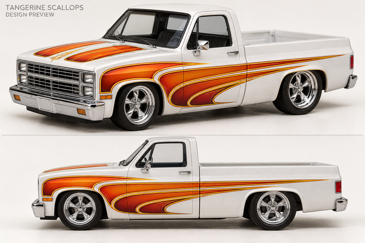 Tangerine Scallops orange and gold hot rod decal design mockup on a white 83 Silverado