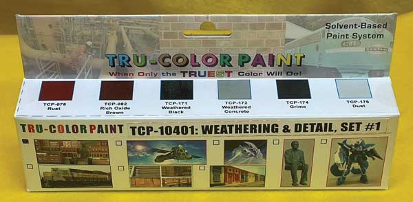 Tru-Color Paint TCP-10401 Weathering and Detail Set #1, front of six-color set package