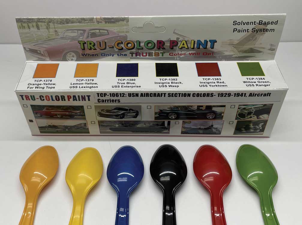 Tru-Color Paint TCP-10612 US Navy aircraft section colors 1929-1941, package and painted spoon color samples