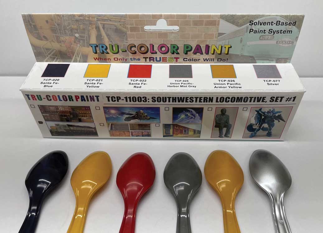 Tru-Color Paint TCP-11003 Southwestern Locomotive Set #1, package and painted spoon color samples