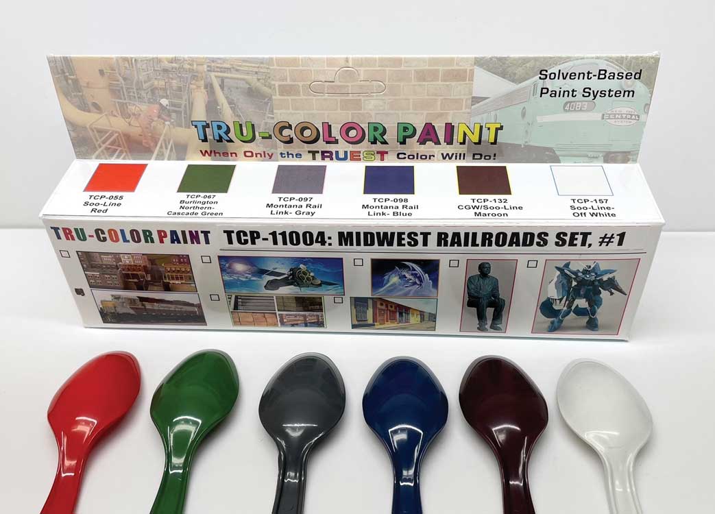 Tru-Color Paint TCP-11004 Midwest Railroads Set #1, package and painted spoon color samples