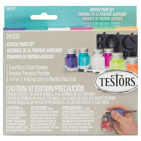 Testors 281227 Trend acrylic paint set package with six colors, three brushes and a paint tray