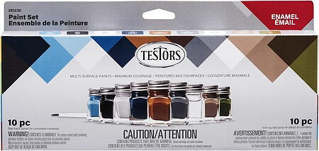 Testors 281230 flat enamel paint set retail package with nine bottles and brush