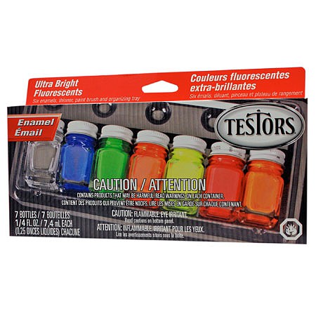 Testors 9132X Ultra Bright Fluorescent enamel kit, six colors and thinner in retail package