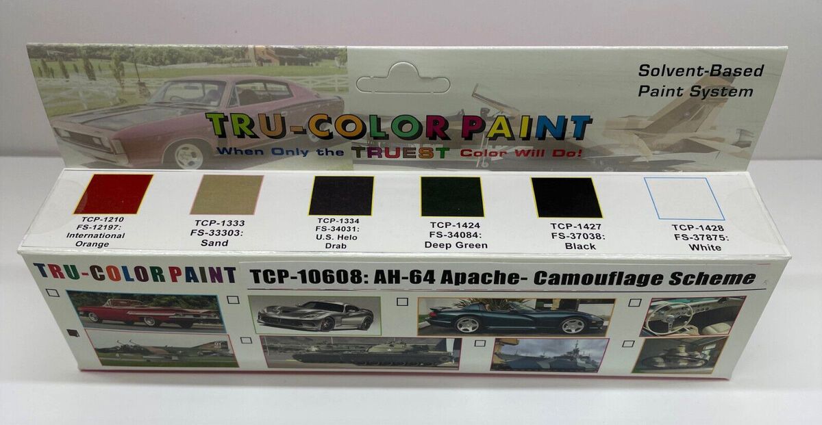 Tru-Color Paint TCP-10608 AH-64 Apache Camouflage Scheme six-color paint set, package and color labels