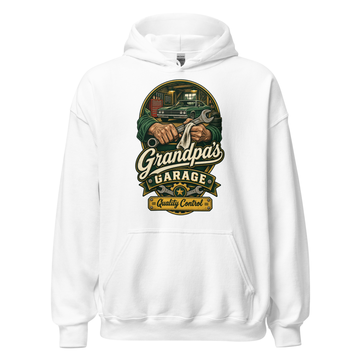 Grandpa's Garage Quality Control T-Shirt – Mechanic Gift Unisex Hoodie product mockup 4