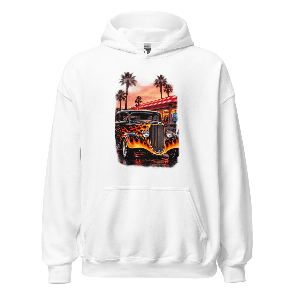 Neon Diner Flame Coupe Unisex Hoodie product mockup