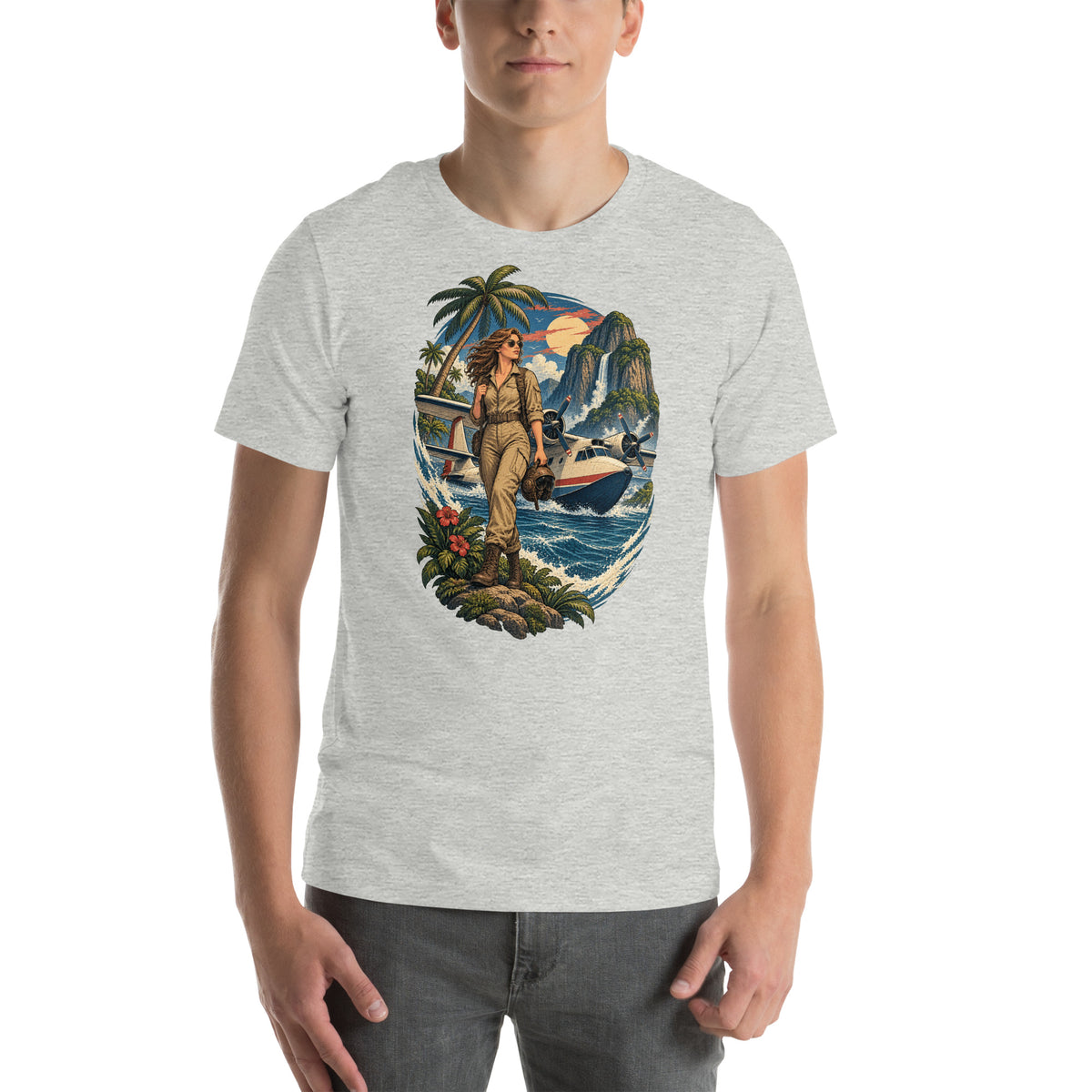 Vintage aviation pin-up T-shirt Edition 12, Athletic Heather front product mockup