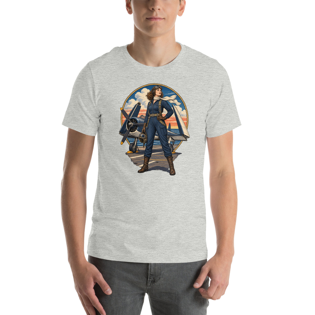 Vintage aviation pin-up T-shirt Edition 11, Athletic Heather front product mockup