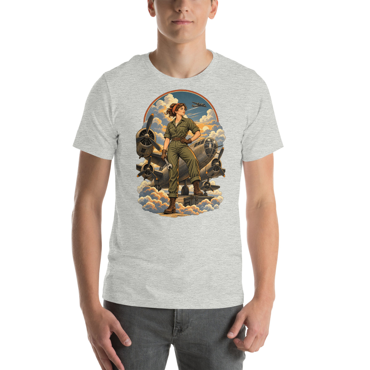 Vintage aviation pin-up T-shirt Edition 16, Athletic Heather front product mockup