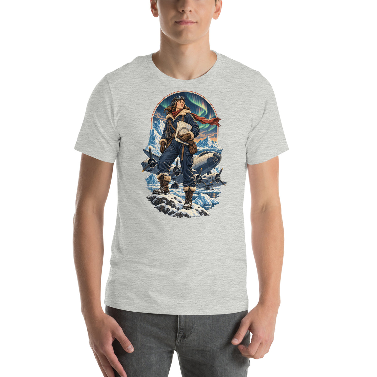 Vintage aviation pin-up T-shirt Edition 19, Athletic Heather front product mockup