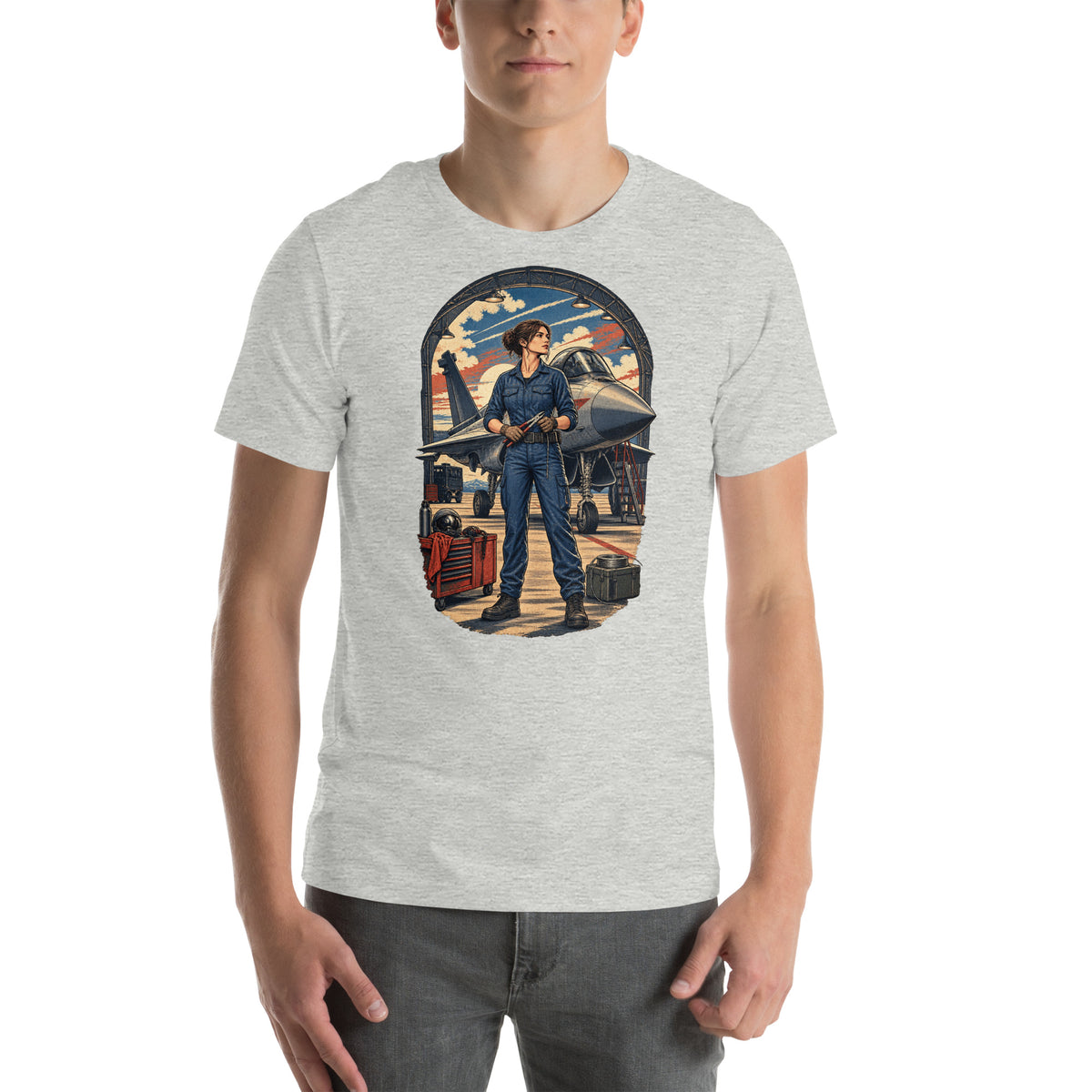 Vintage aviation pin-up T-shirt Edition 23, Athletic Heather front product mockup