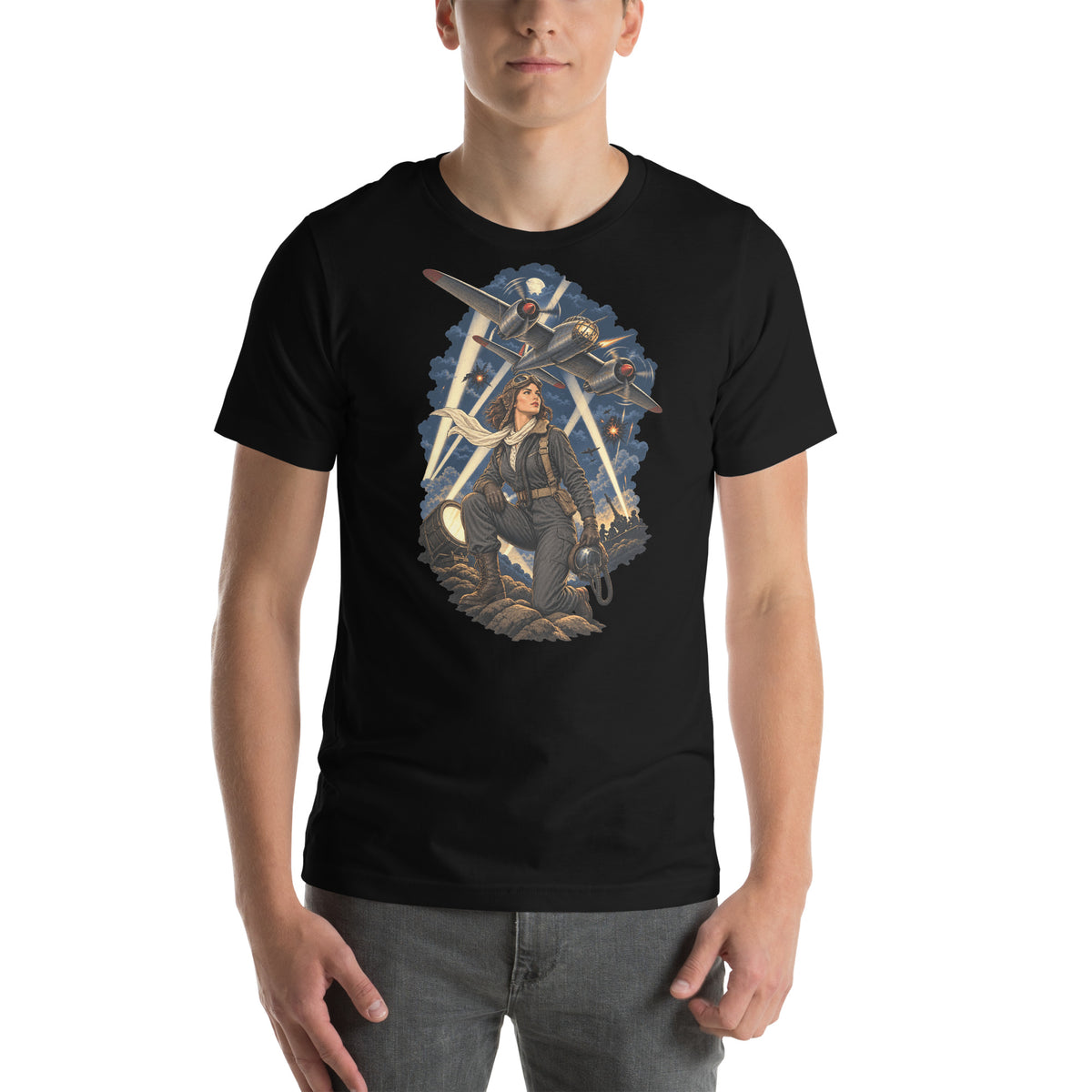 Vintage aviation pin-up T-shirt Edition 31, Black front product mockup