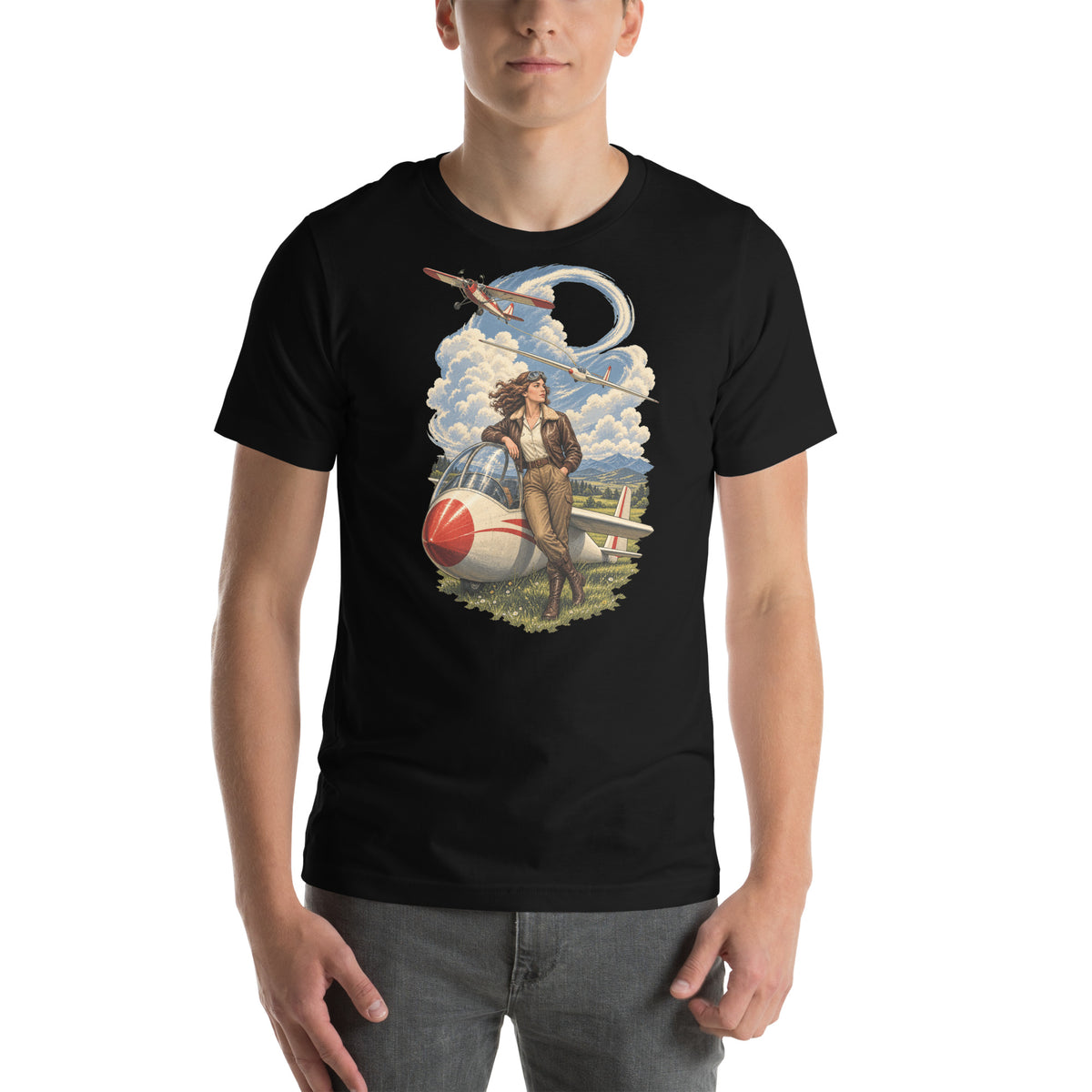 Vintage aviation pin-up T-shirt Edition 36, Black front product mockup