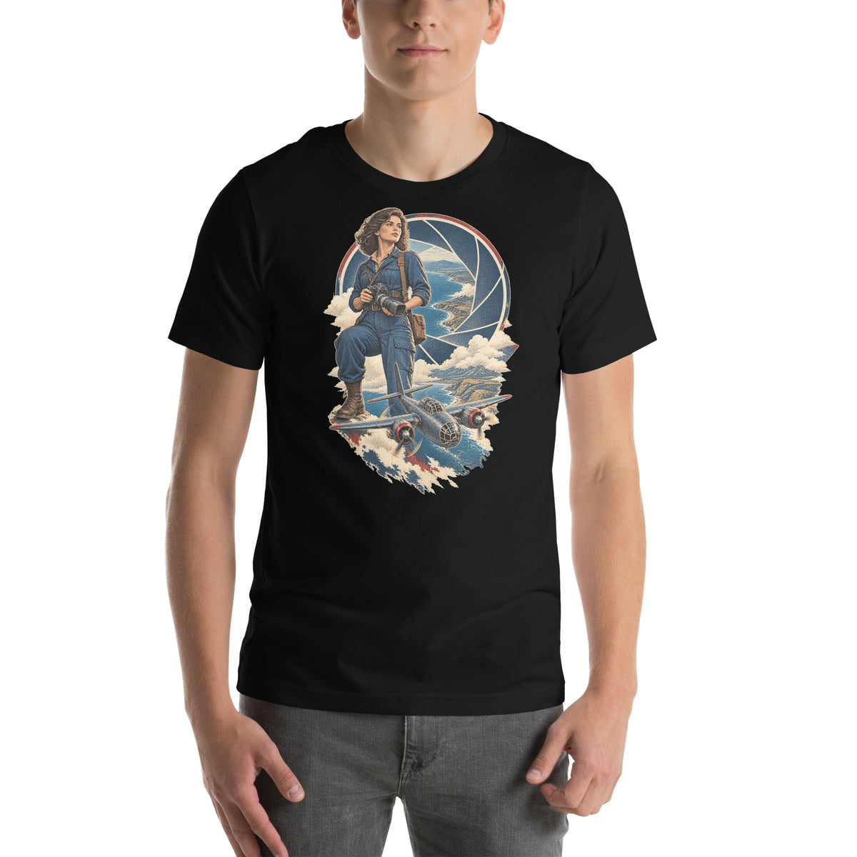 Vintage aviation pin-up T-shirt Edition 37, Black front product mockup