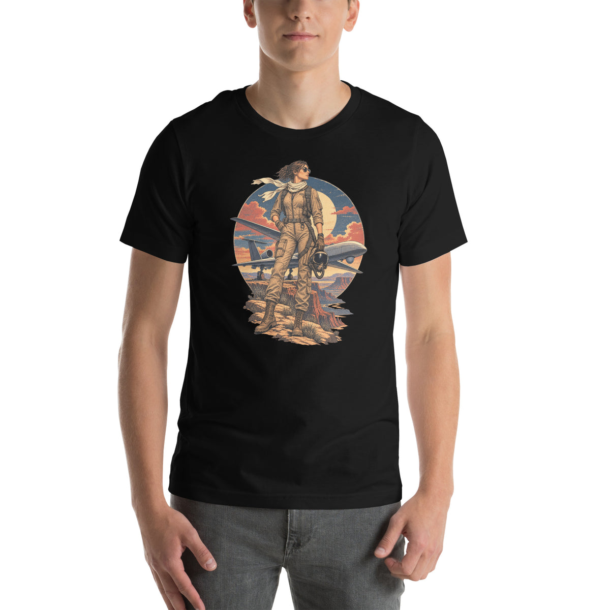 Vintage aviation pin-up T-shirt Edition 40, Black front product mockup