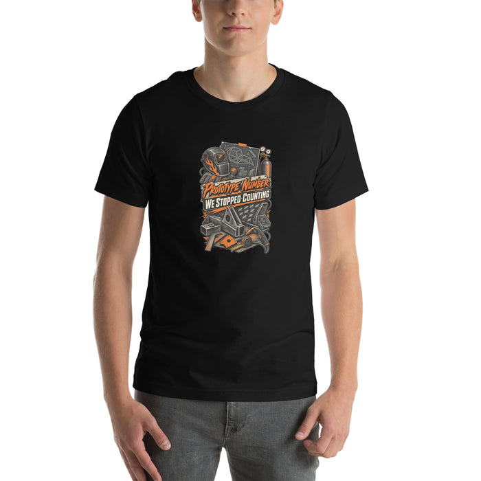 Prototype Number—We Stopped Counting garage T-shirt, Black front mockup