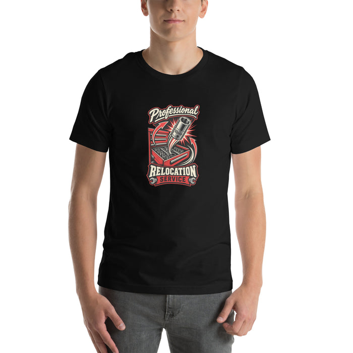 10mm Relocation Service mechanic T-shirt, Black front mockup