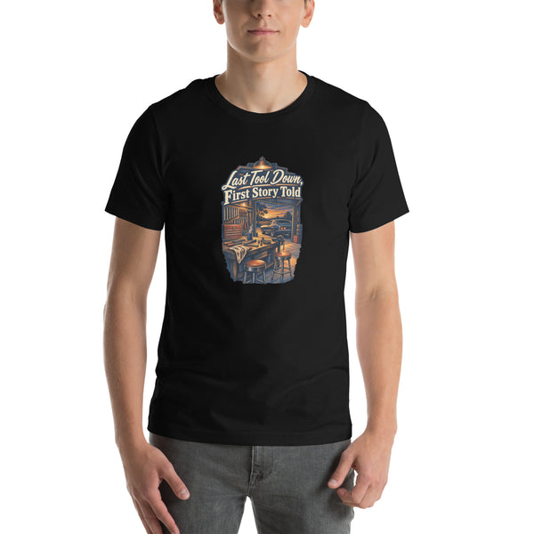 Last Tool Down, First Story Told garage T-shirt, Black front mockup