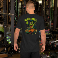 Back view of black heather Monster Rods 010 unisex T-shirt