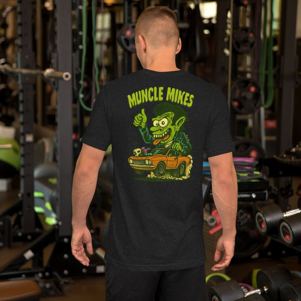 Back view of black heather Monster Rods 011 unisex T-shirt