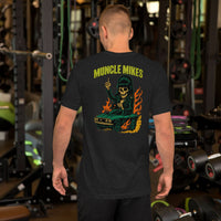 Back view of black heather Monster Rods 012 unisex T-shirt