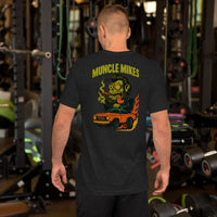 Back view of black heather Monster Rods 013 unisex T-shirt