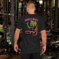 Back view of black heather Monster Rods 014 unisex T-shirt