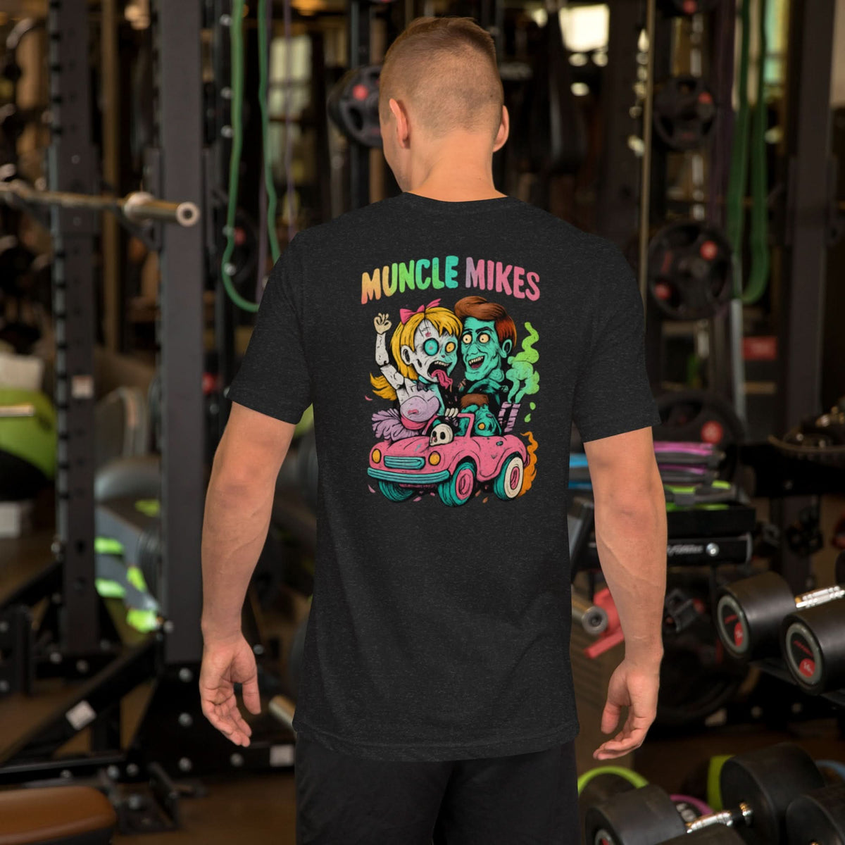 Back view of black heather Monster Rods 016 unisex T-shirt
