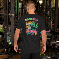Back view of black heather Monster Rods 016 unisex T-shirt