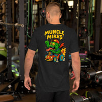 Back view of black heather Monster Rods 017 unisex T-shirt