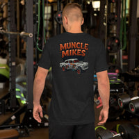 Back view of black heather Bombs Away Gasser unisex T-shirt