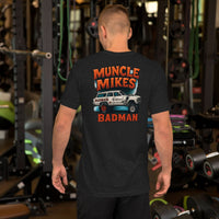Back view of black heather BADMAN Wagon unisex T-shirt