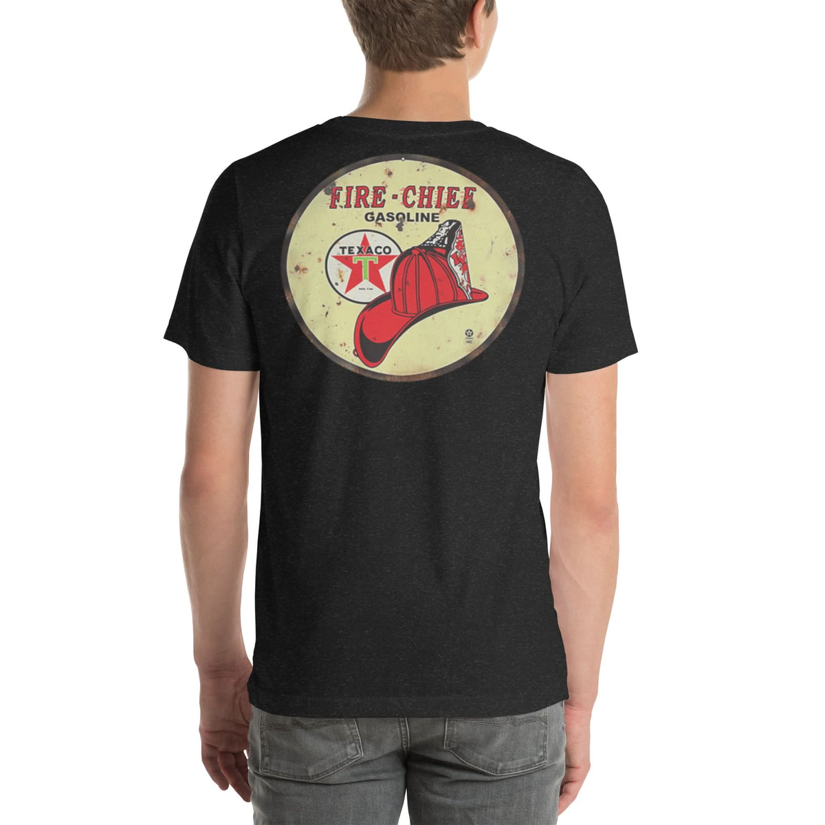 Back view of black heather Fire Chief Vintage Gas and Oil unisex T-shirt