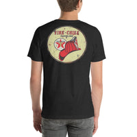 Back view of black heather Fire Chief Vintage Gas and Oil unisex T-shirt