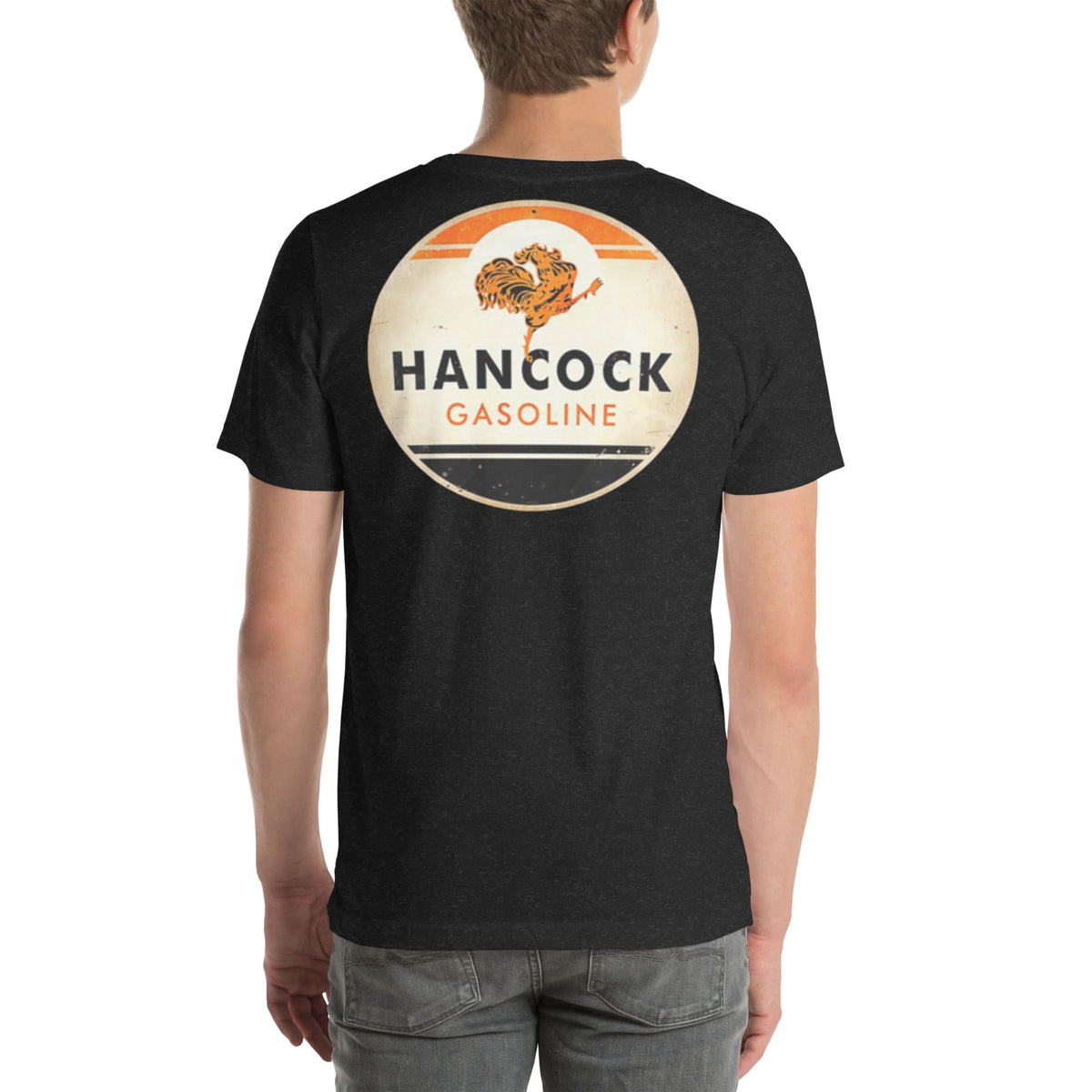 Back view of black heather Hancock Gasoline Vintage Gas and Oil unisex T-shirt