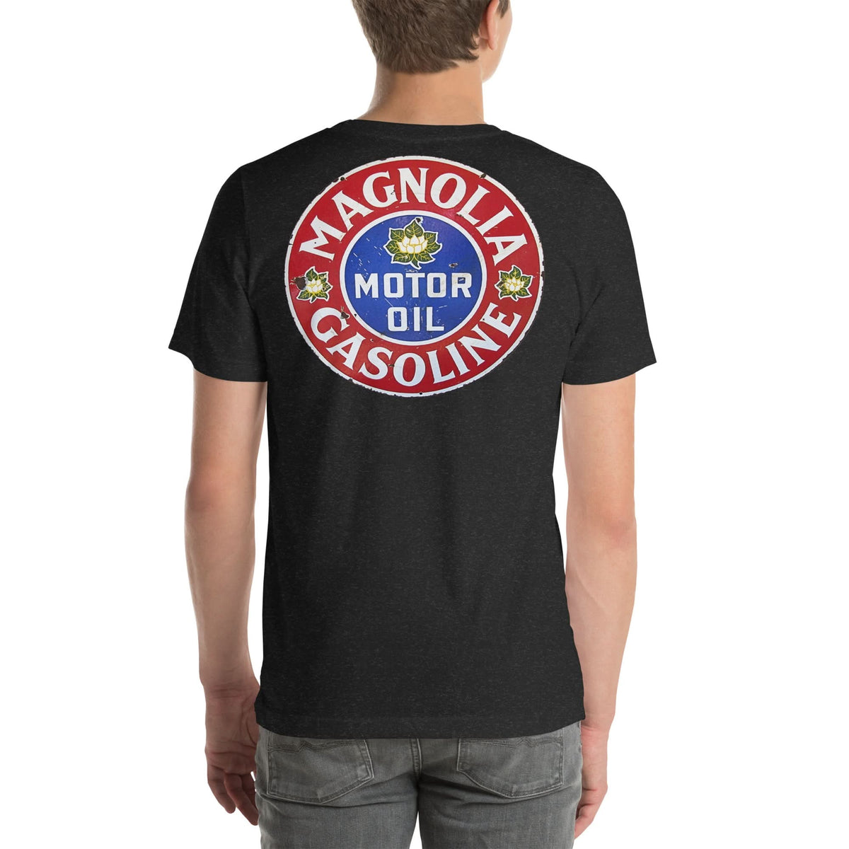 Back view of black heather Magnolia Oil and Gas Vintage Gas and Oil unisex T-shirt