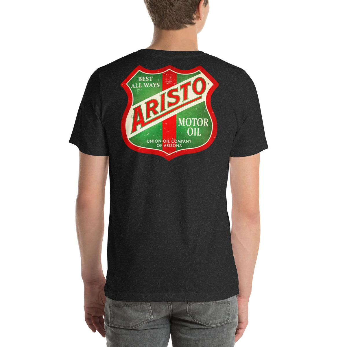 Back view of black heather Arista Motor Oil Vintage Gas and Oil unisex T-shirt