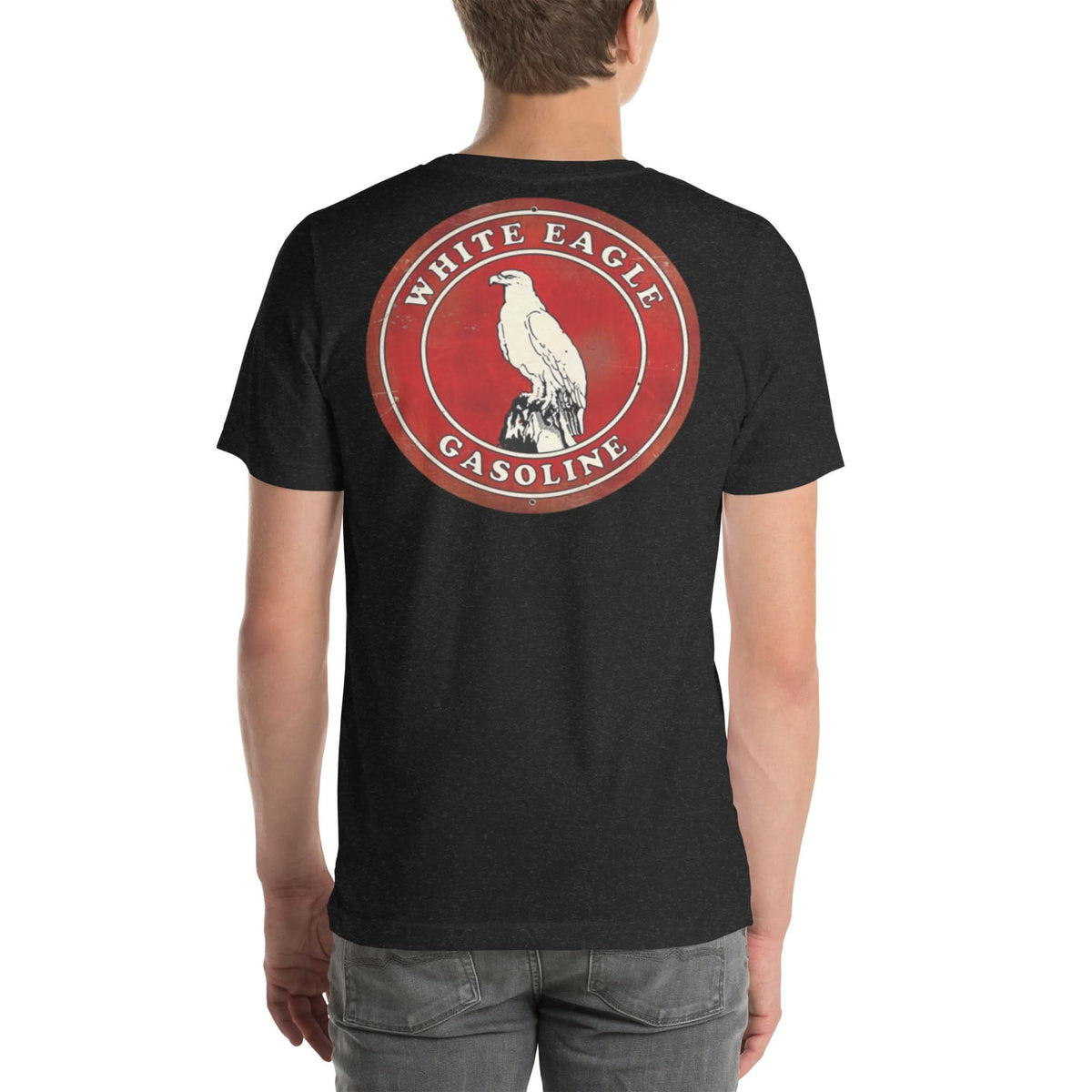 Back view of black heather White Eagle Vintage Gas and Oil unisex T-shirt
