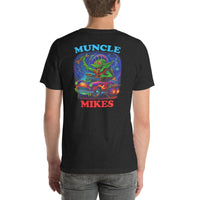 Back view of black heather Monster Rods 019 unisex T-shirt