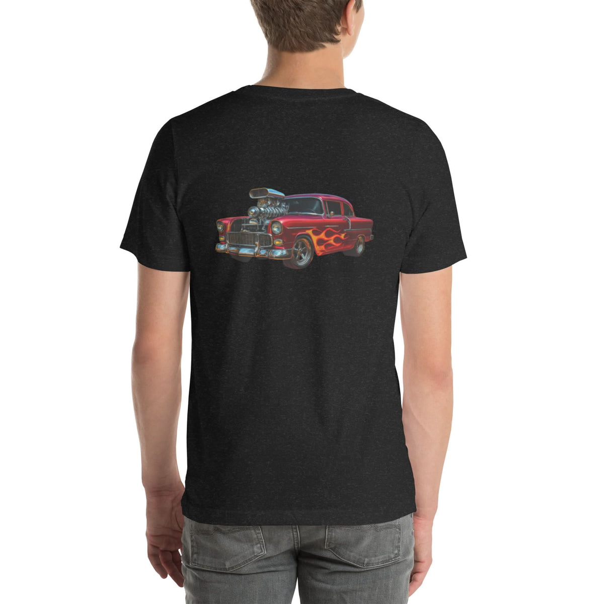 Back view of black heather Hot Rod 001 unisex T-shirt