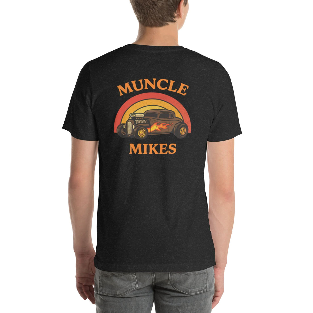 Back view of black heather Hot Rod 002 unisex T-shirt