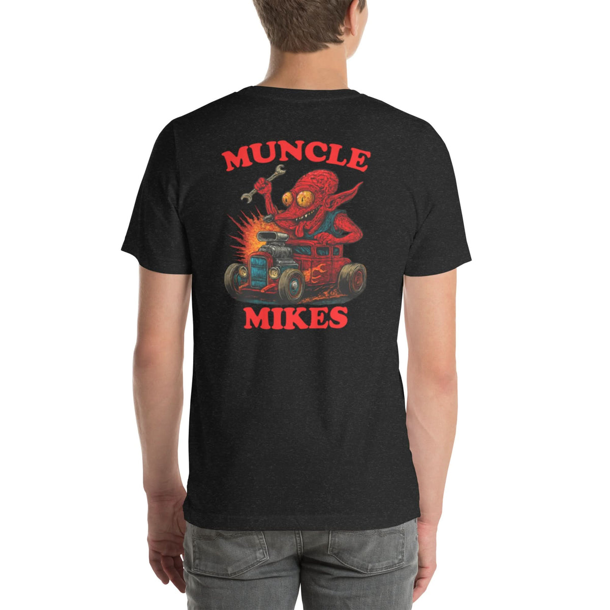 Back view of black heather Monster Rods 020 unisex T-shirt