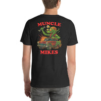 Back view of black heather Monster Rods 021 unisex T-shirt