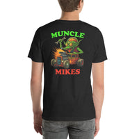 Back view of black heather Monster Rods 023 unisex T-shirt