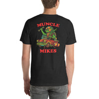 Back view of black heather Monster Rods 024 unisex T-shirt