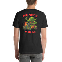 Back view of black heather Monster Rods 025 unisex T-shirt